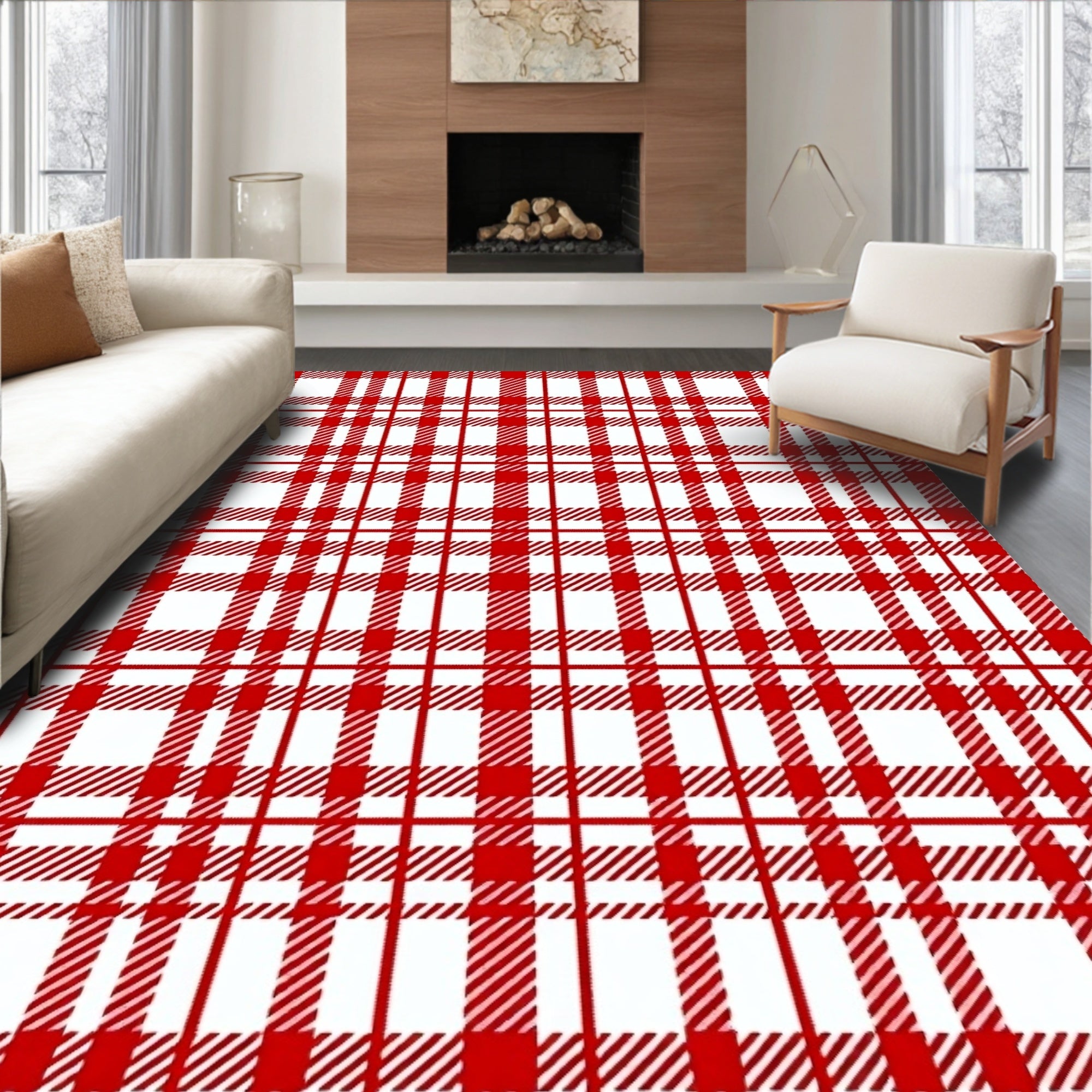 Classic Red White Tartan Weave Rug