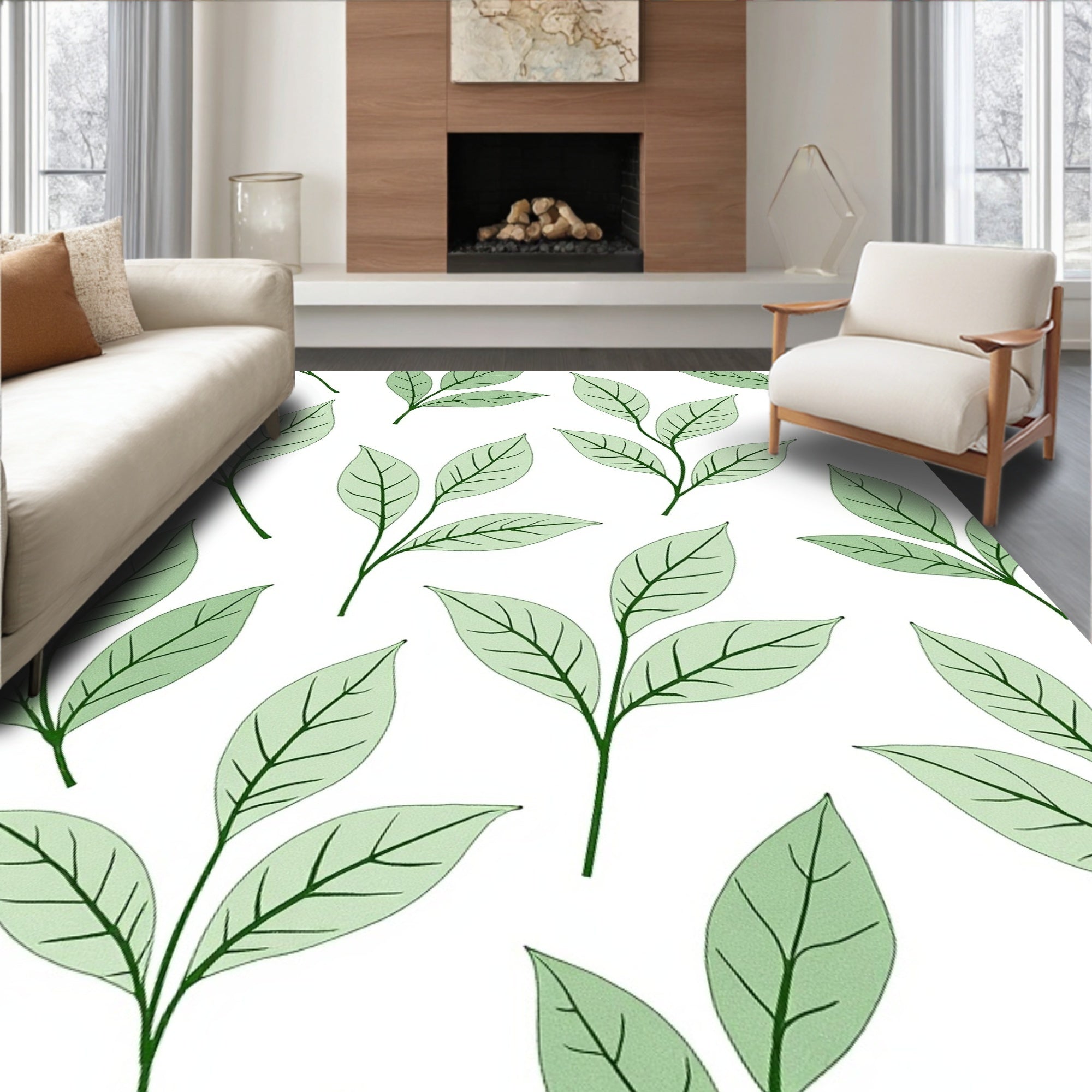 Subtle Green Leaf Branch Repeats Rug