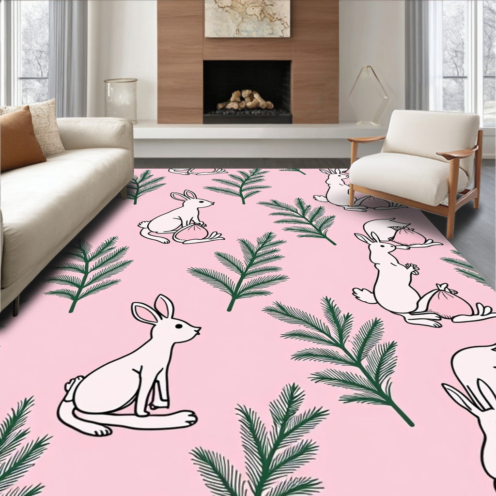 Pink Bunny Green Fir Branches Rug