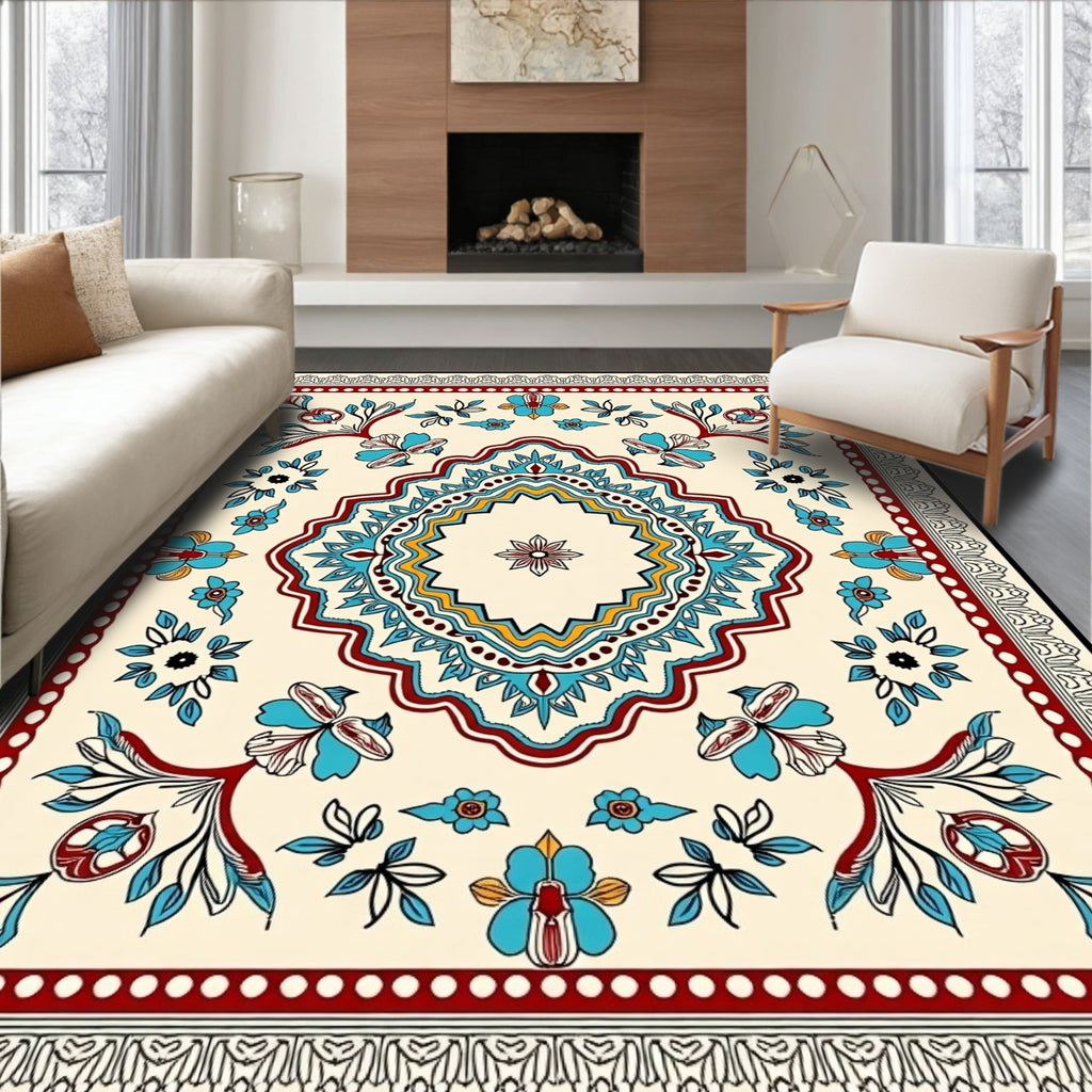 Cream Red Blue Floral Medallion Border Rug