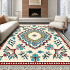 Cream Red Blue Floral Medallion Border Rug