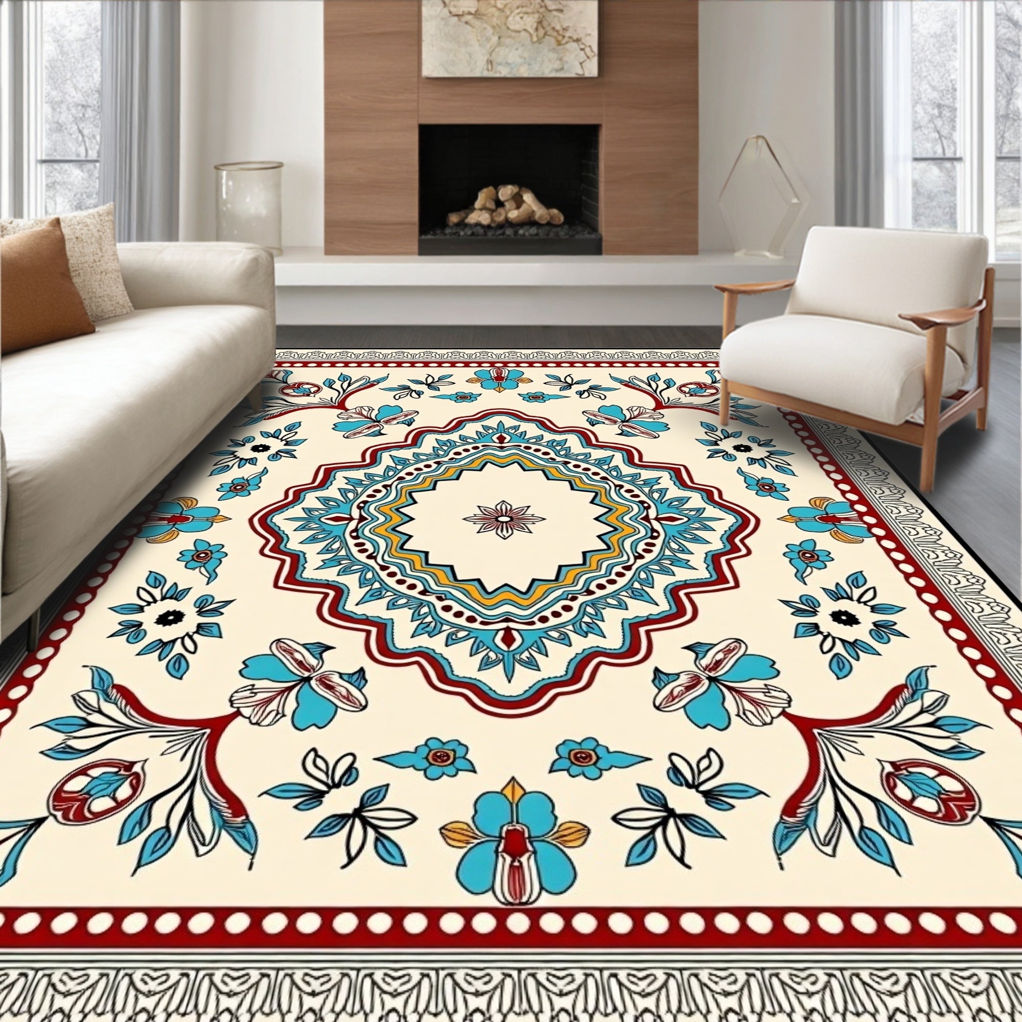 Cream Red Blue Floral Medallion Border Rug