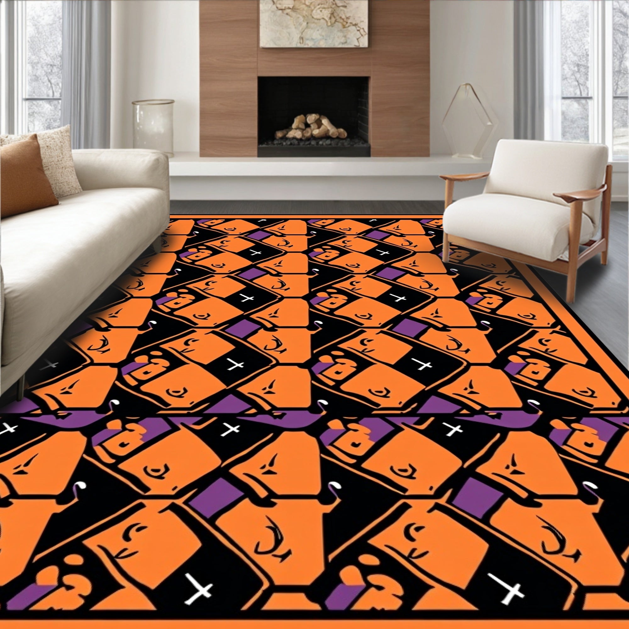 Bold Orange Purple Geometric Crosses Rug