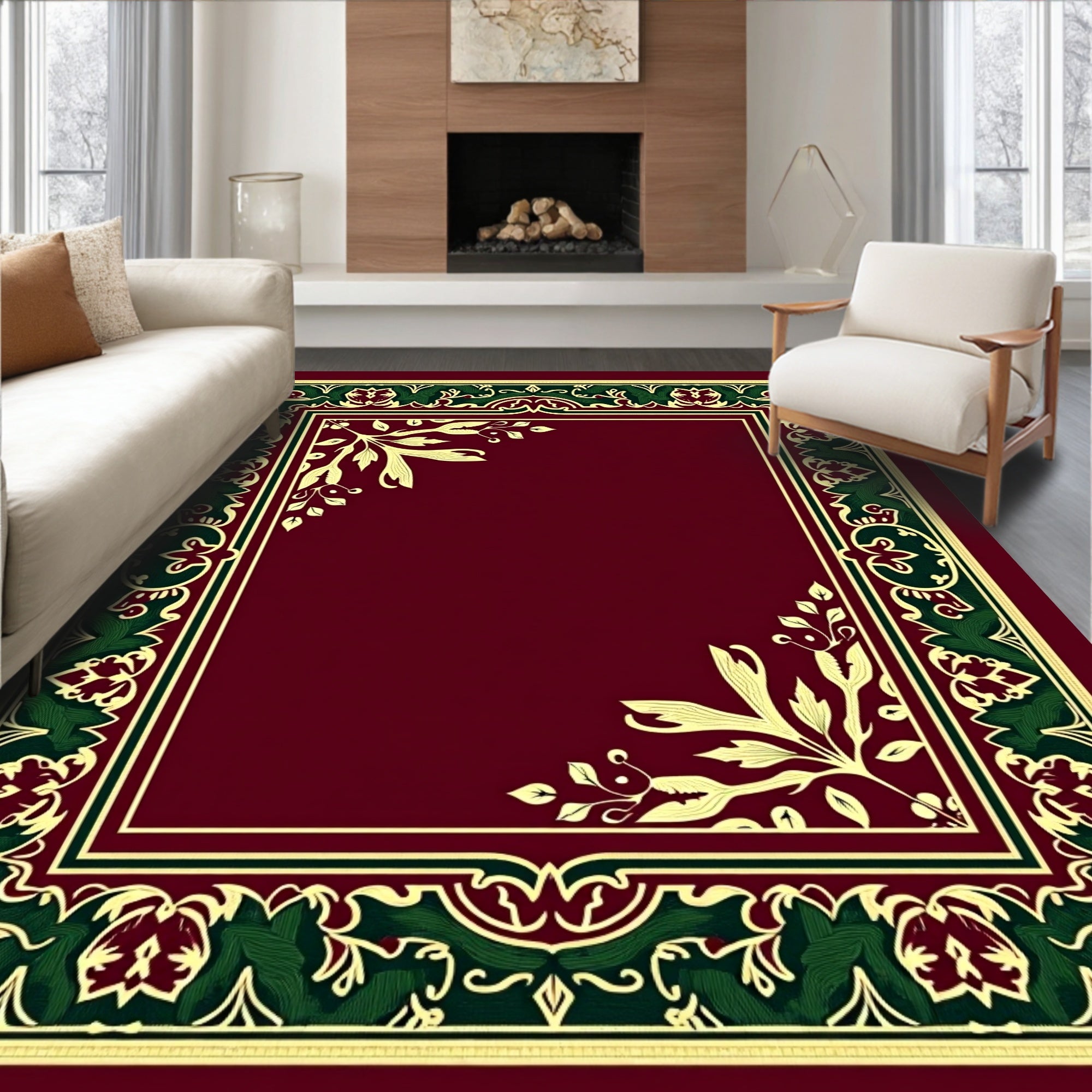 Crimson Green Gold Floral Border Rug