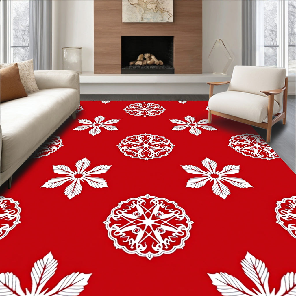 Crimson White Snowflake Mandalas Rug