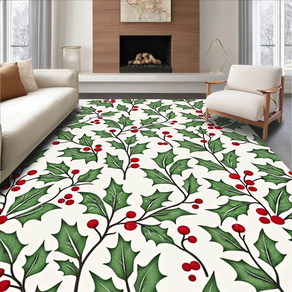 Festive Green Holly Berry Sprigs Rug
