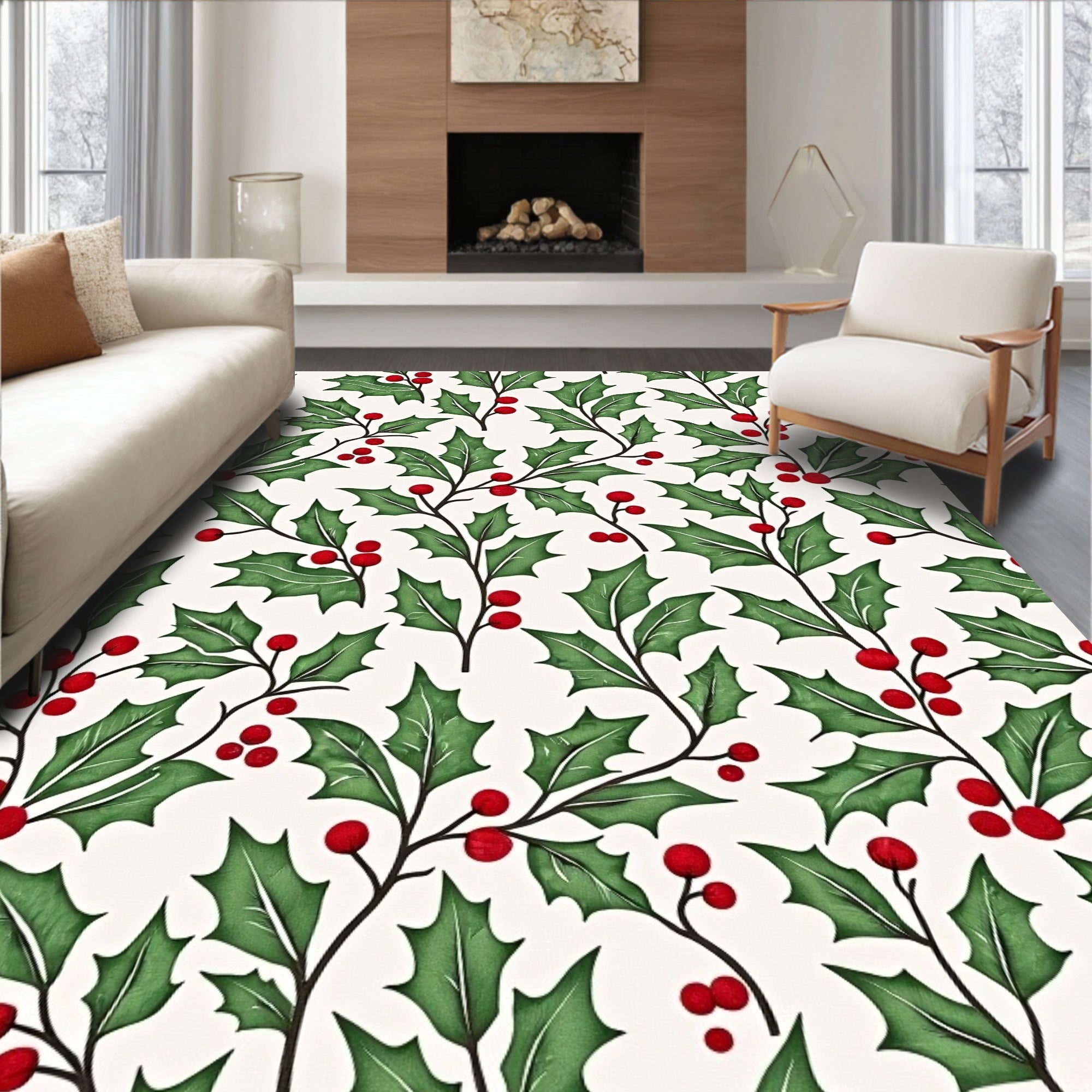 Festive Green Holly Berry Sprigs Rug