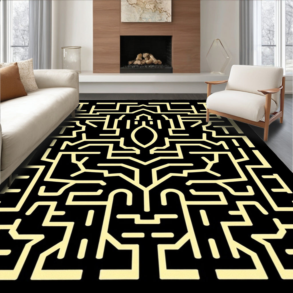 Black Yellow Abstract Maze Geometric Rug