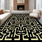 Black Yellow Abstract Maze Geometric Rug