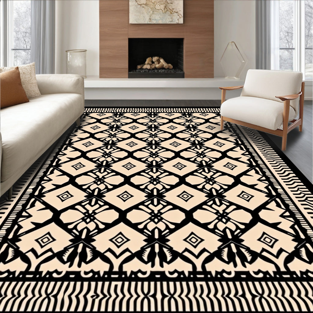 Cream Black Geometric Lattice Medallion Rug