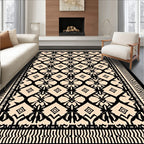 Cream Black Geometric Lattice Medallion Rug
