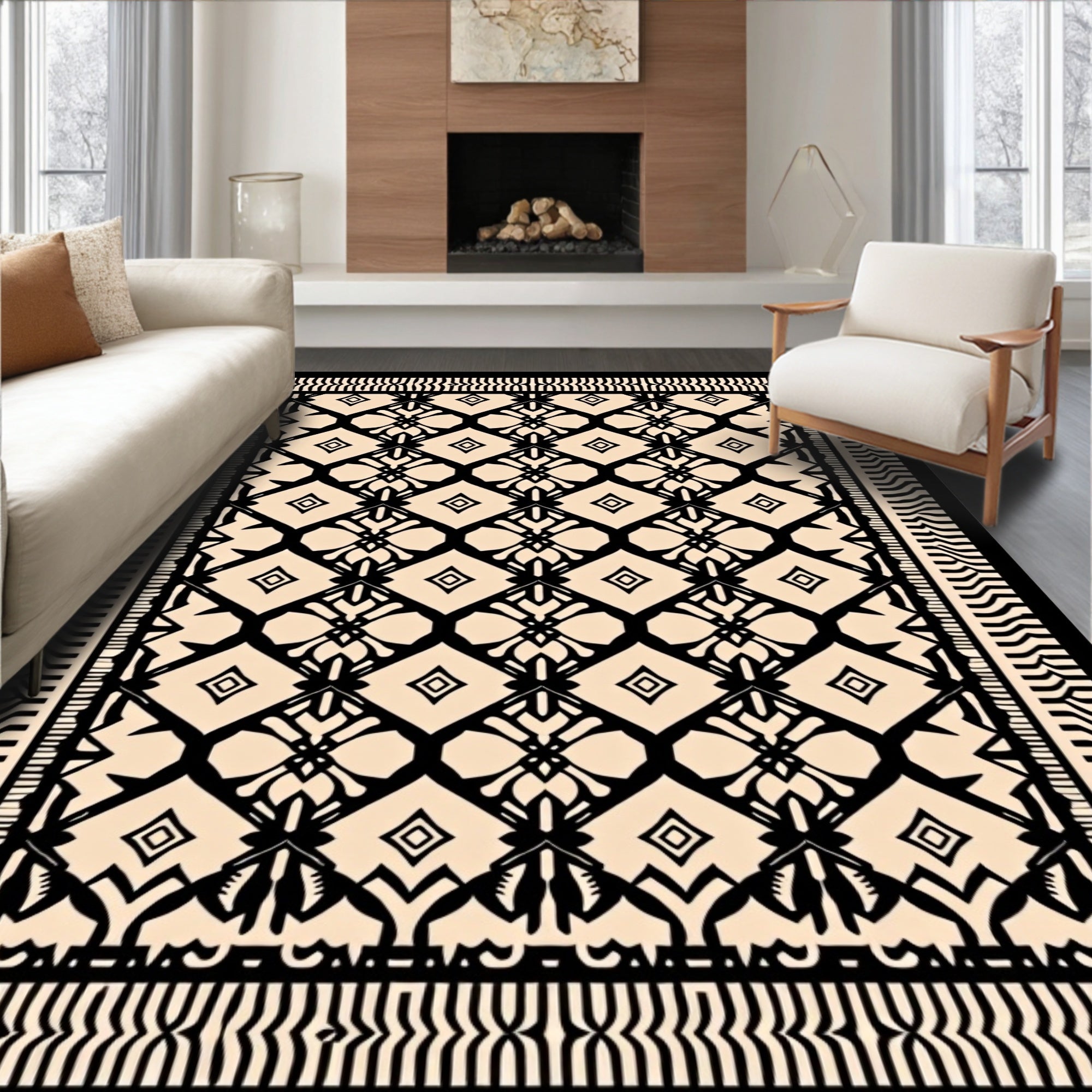 Cream Black Geometric Lattice Medallion Rug
