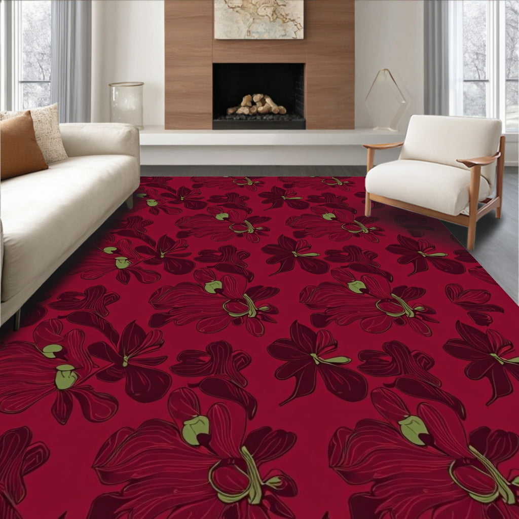 Deep Red Orchid Botanical Floral Rug