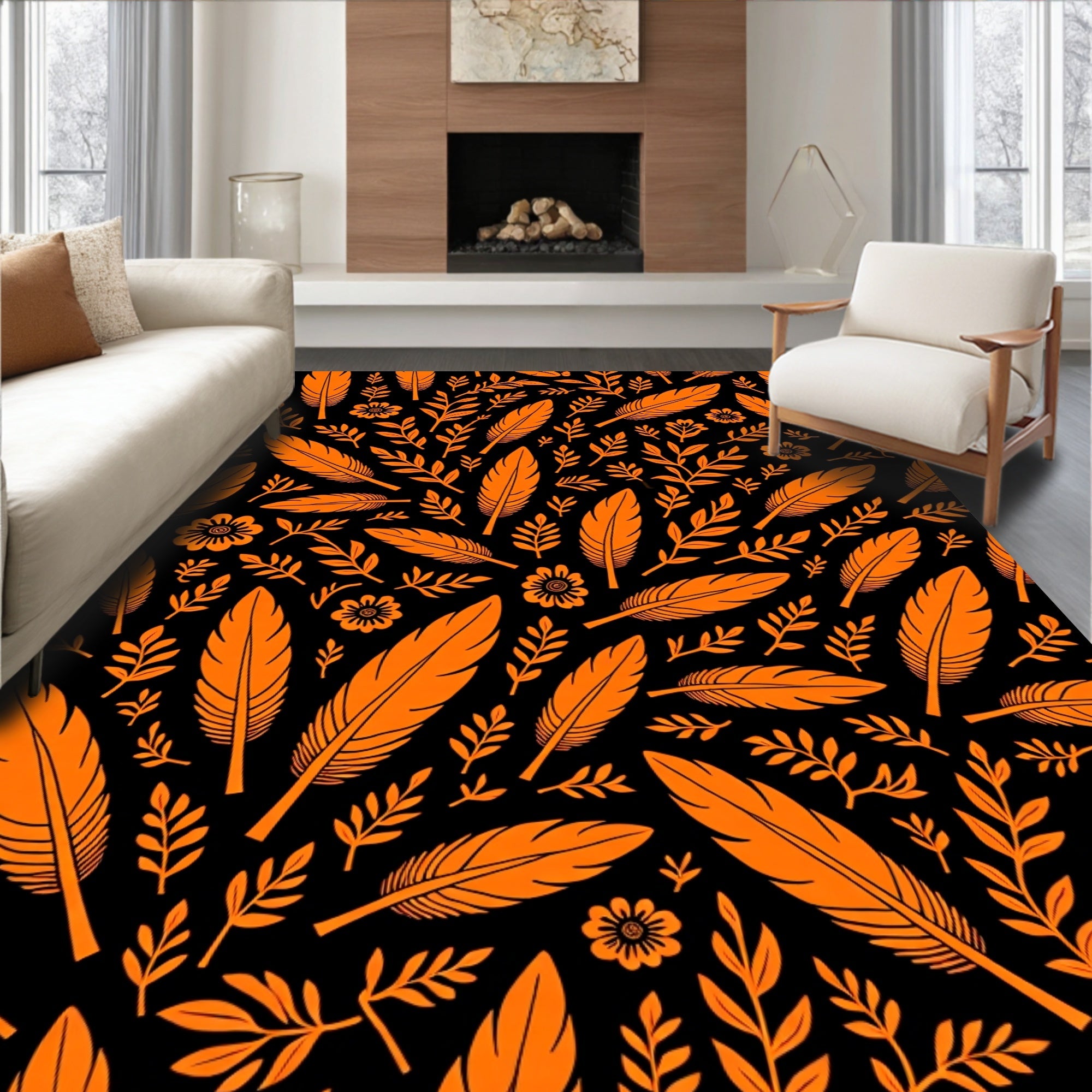 Orange Feather Floral Scatter Rug