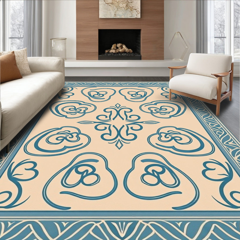 Teal Floral Medallion Cream Border Rug