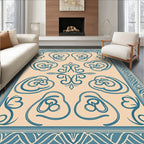 Teal Floral Medallion Cream Border Rug