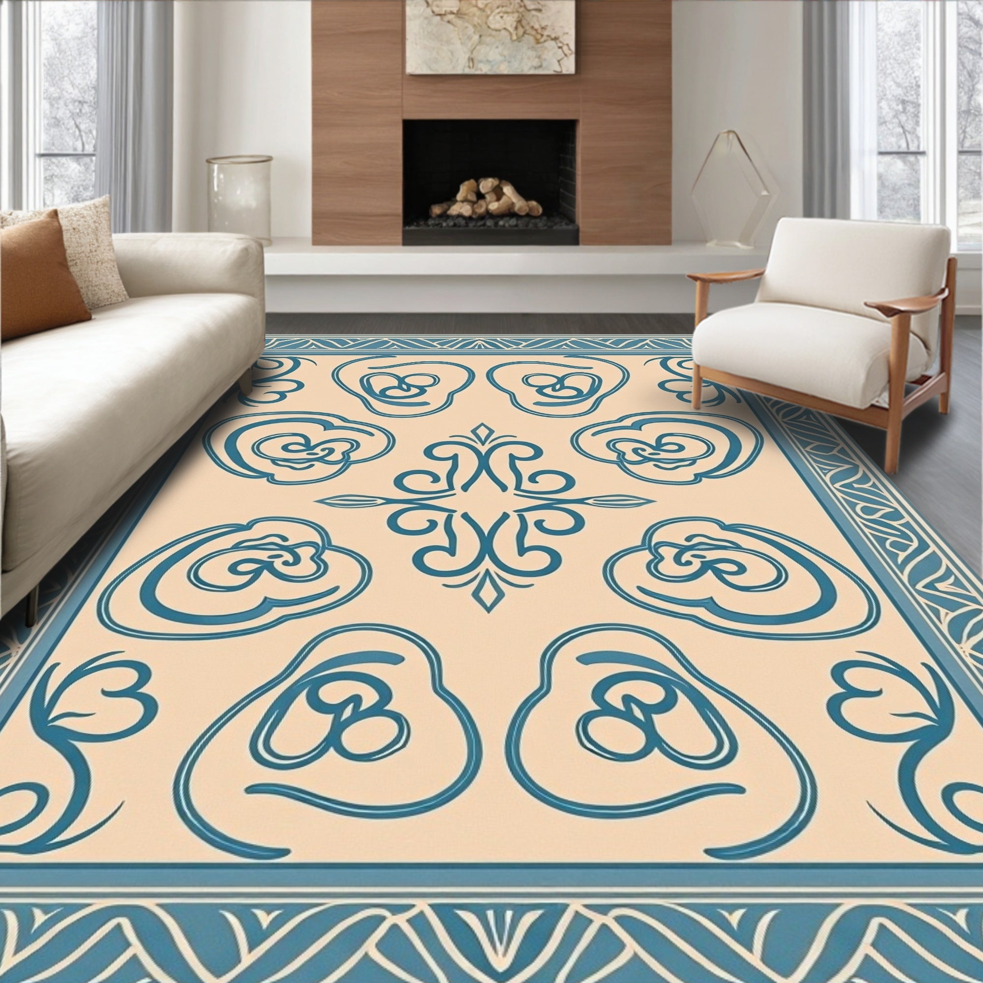 Teal Floral Medallion Cream Border Rug