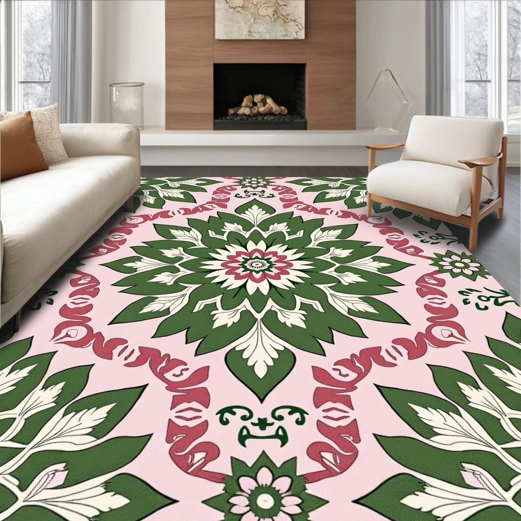 Pink Green Floral Medallion Repeating Rug