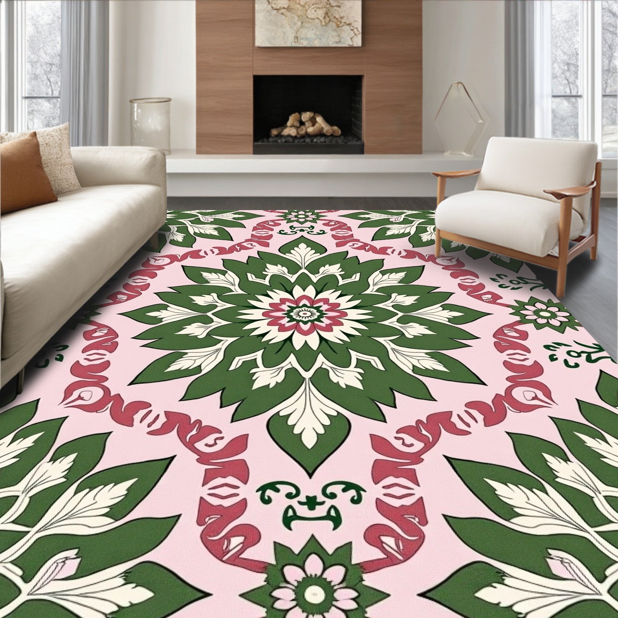Pink Green Floral Medallion Repeating Rug