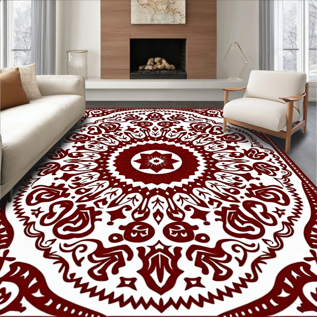 Crimson Mandala Scrollwork Floral Rug
