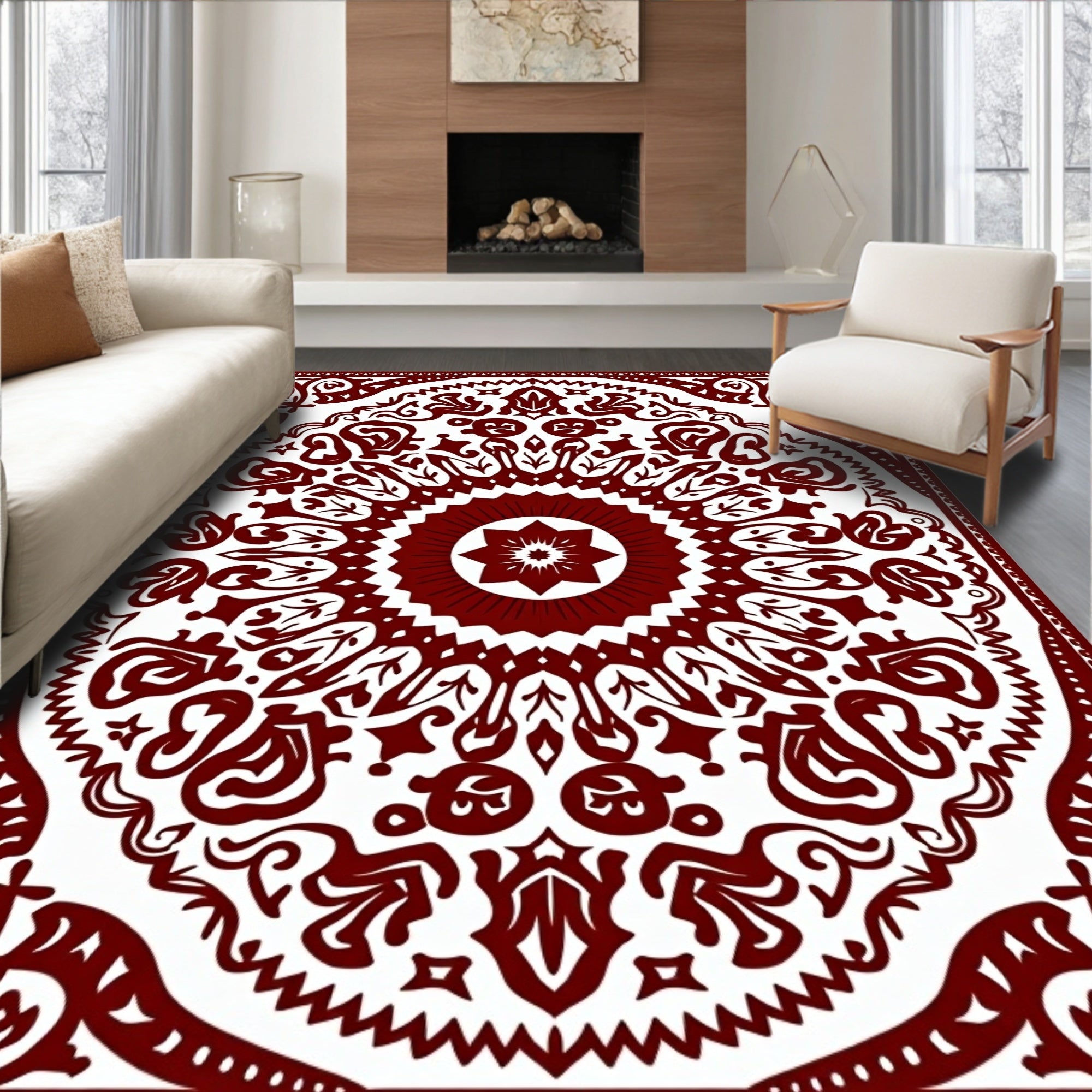 Crimson Mandala Scrollwork Floral Rug