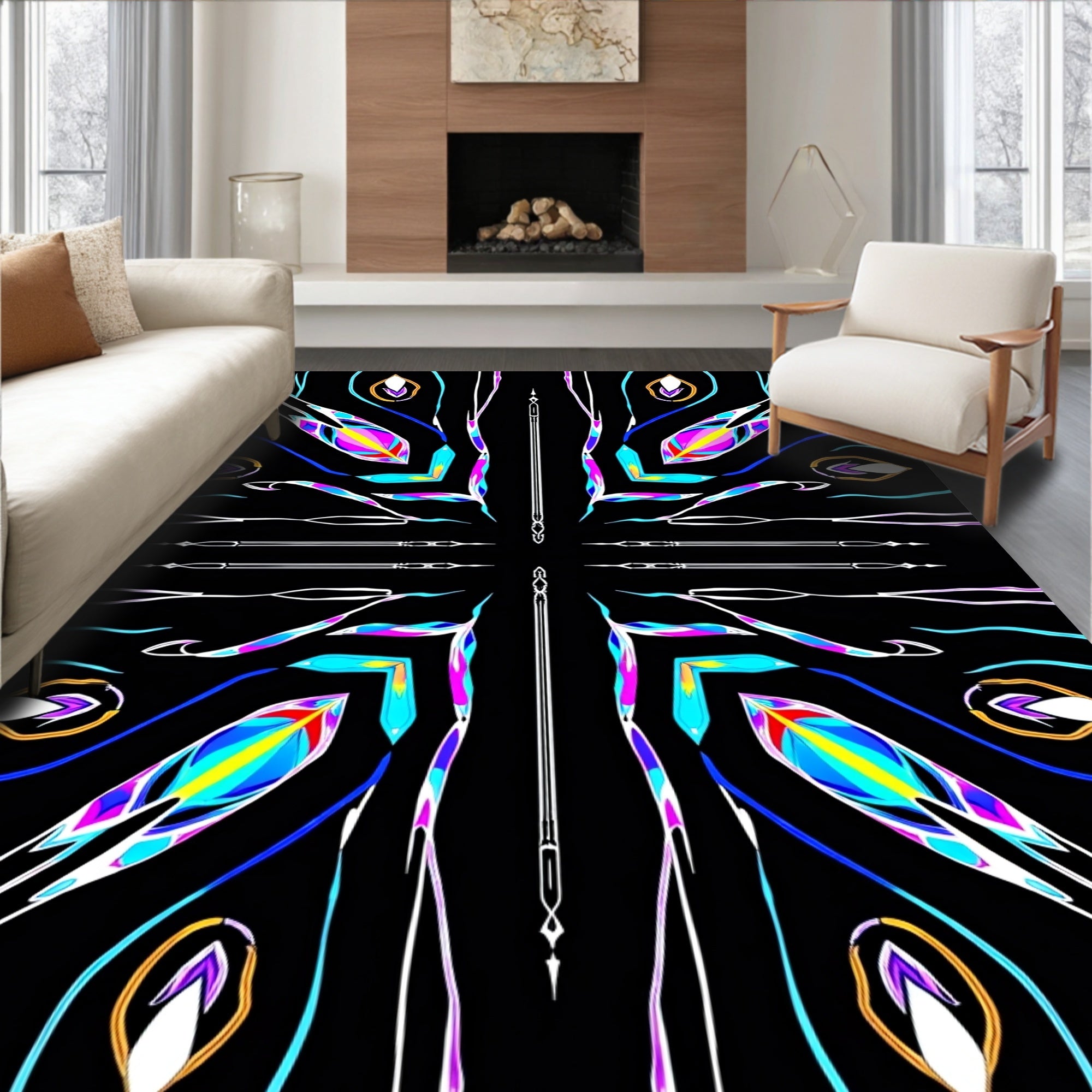 Vibrant Neon Abstract Mandala Reflection Rug