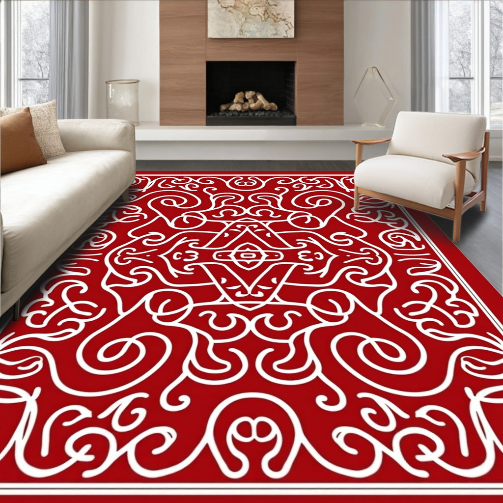 Crimson White Ornate Scrollwork Rug