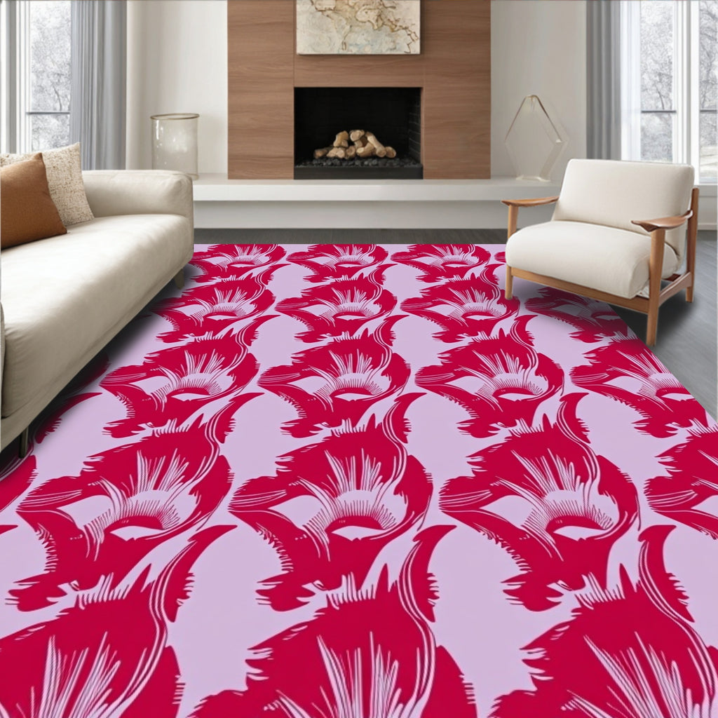 Dramatic Red Floral Motif Lilac Background Rug