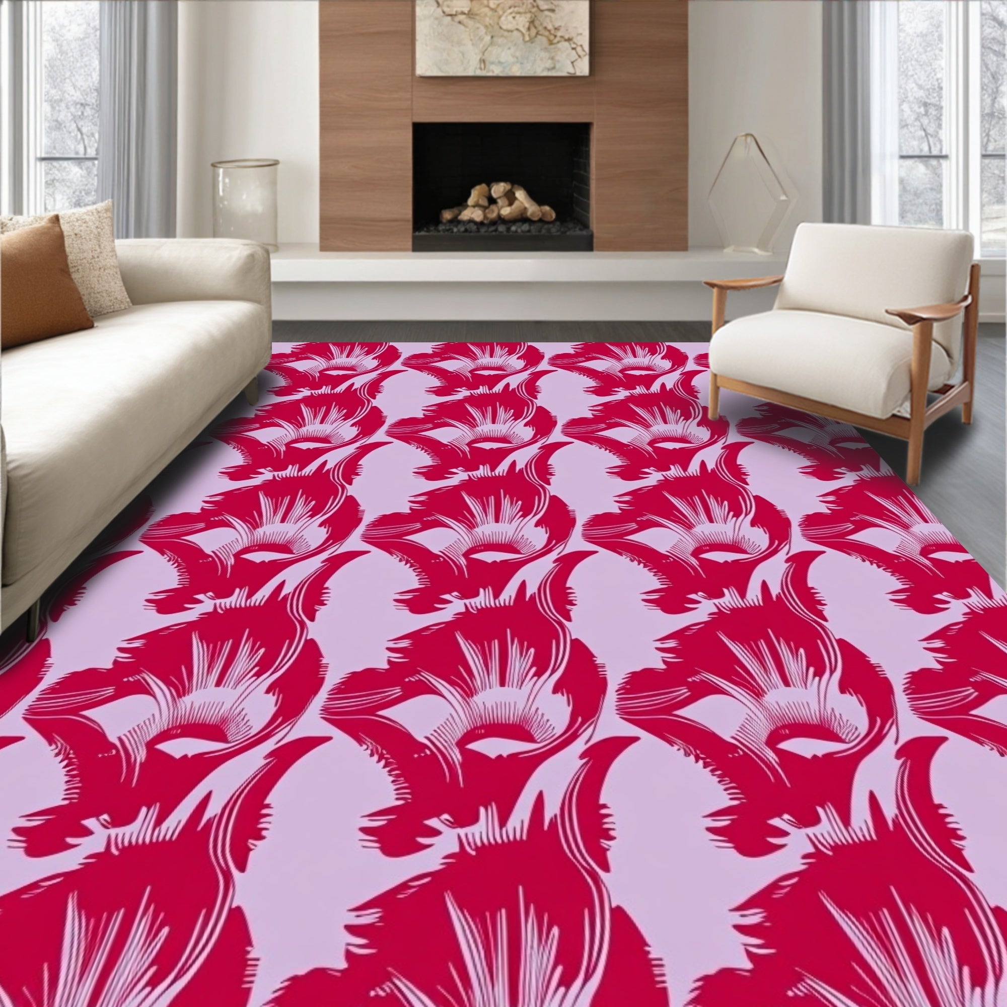 Dramatic Red Floral Motif Lilac Background Rug