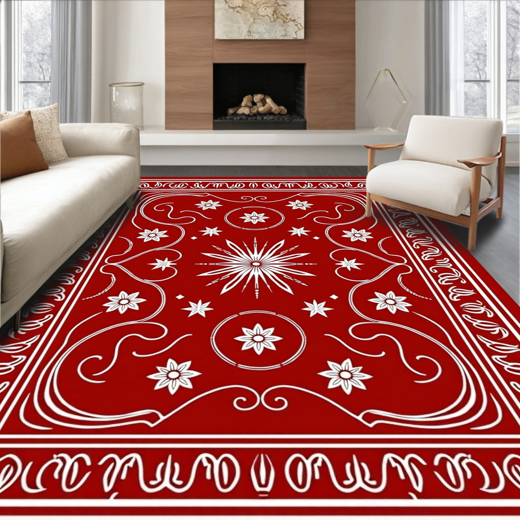 Crimson Floral Starburst Border Rug
