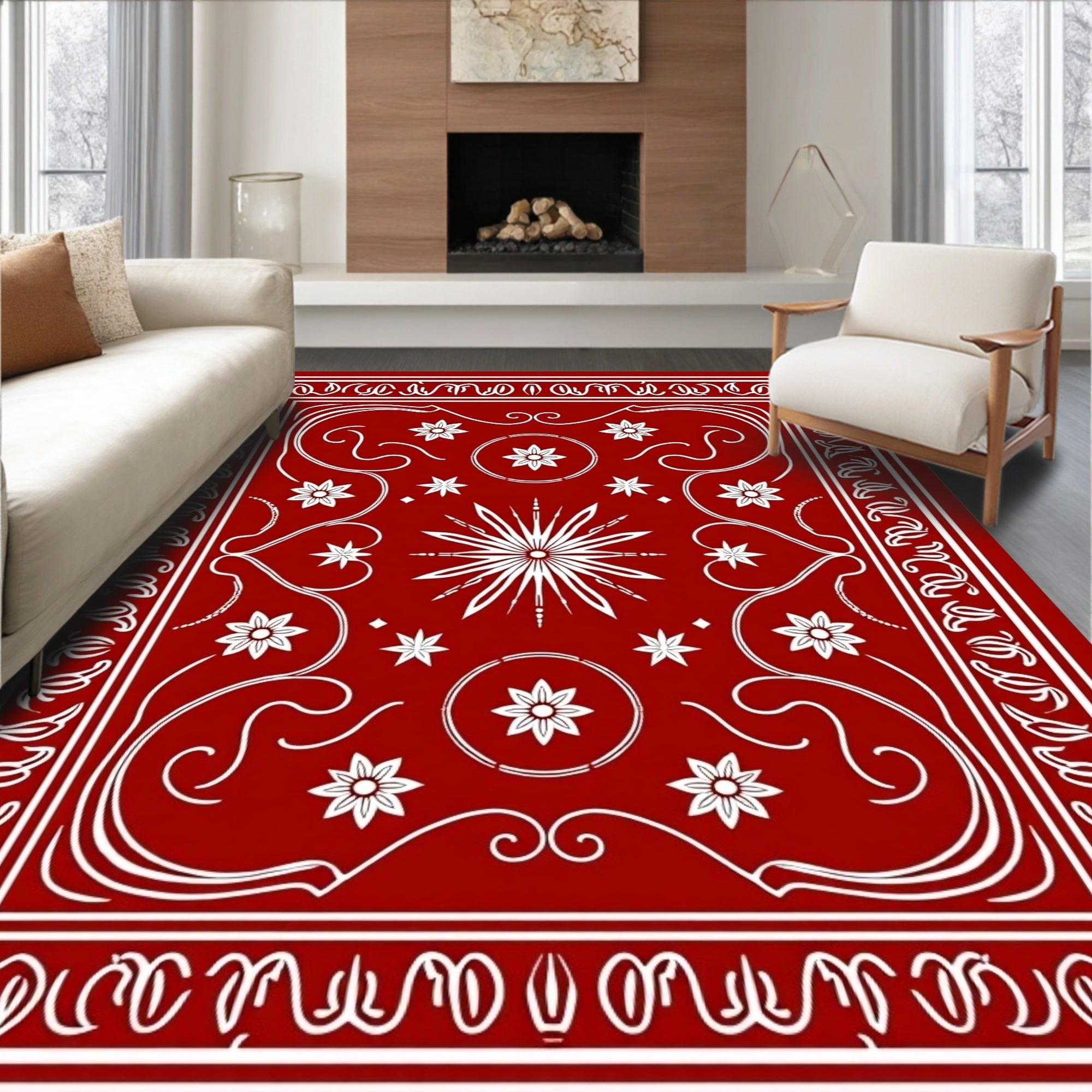 Crimson Floral Starburst Border Rug