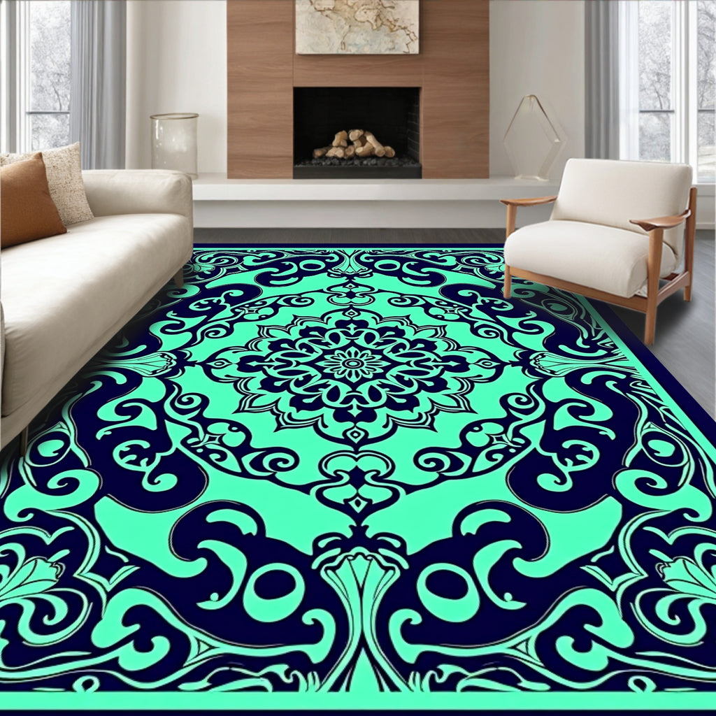 Dark Teal Floral Mandala Rug