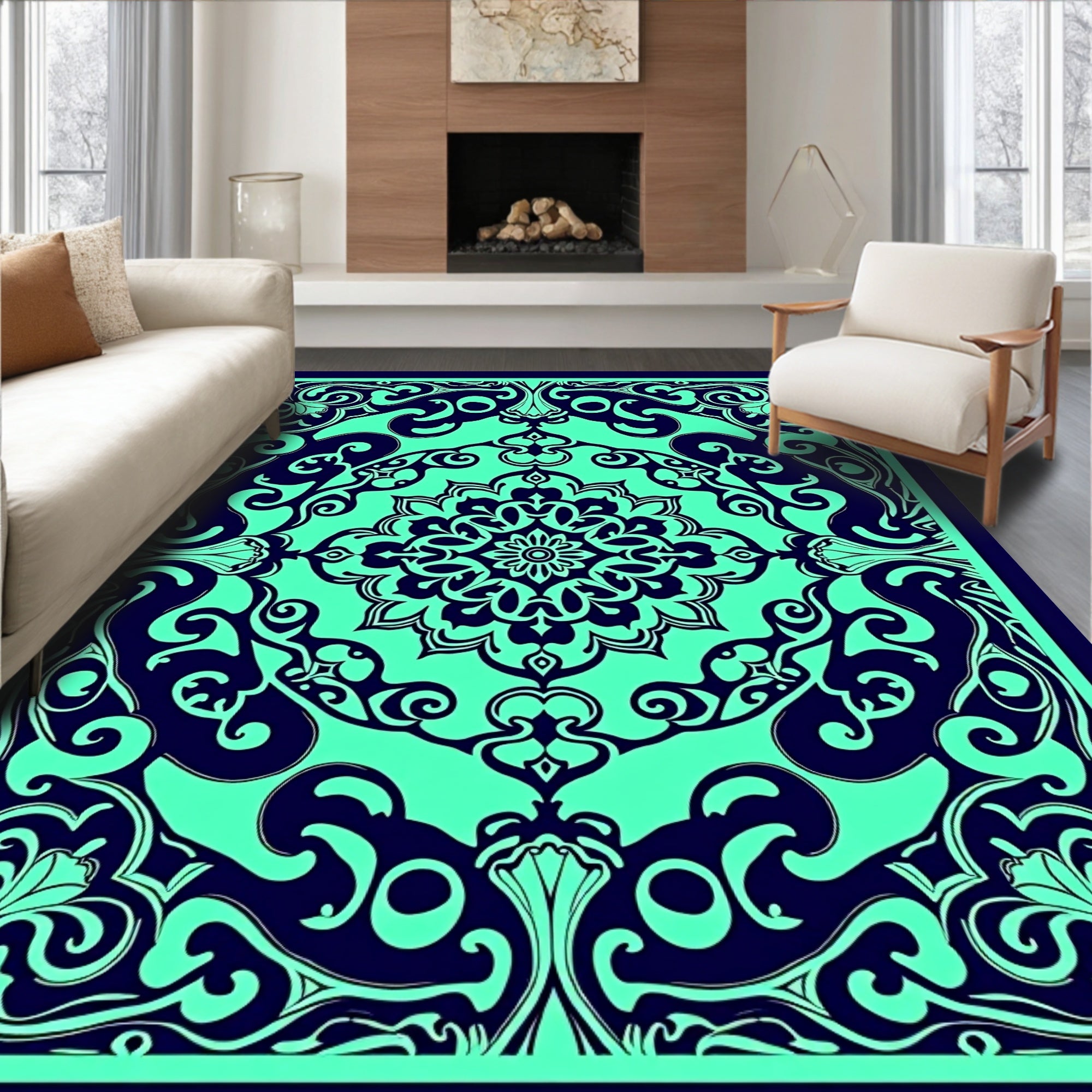 Dark Teal Floral Mandala Rug