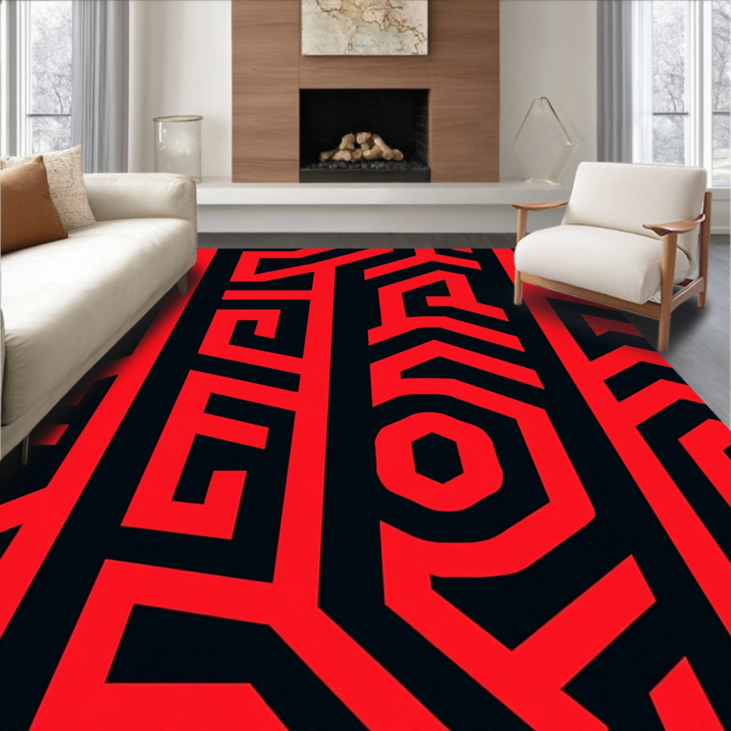Bold Red Geometric Labyrinth Rug