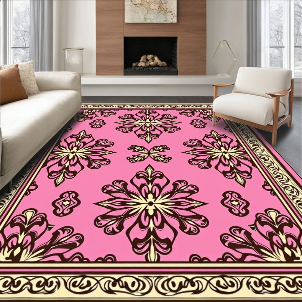 Pink Floral Medallion Scroll Border Rug