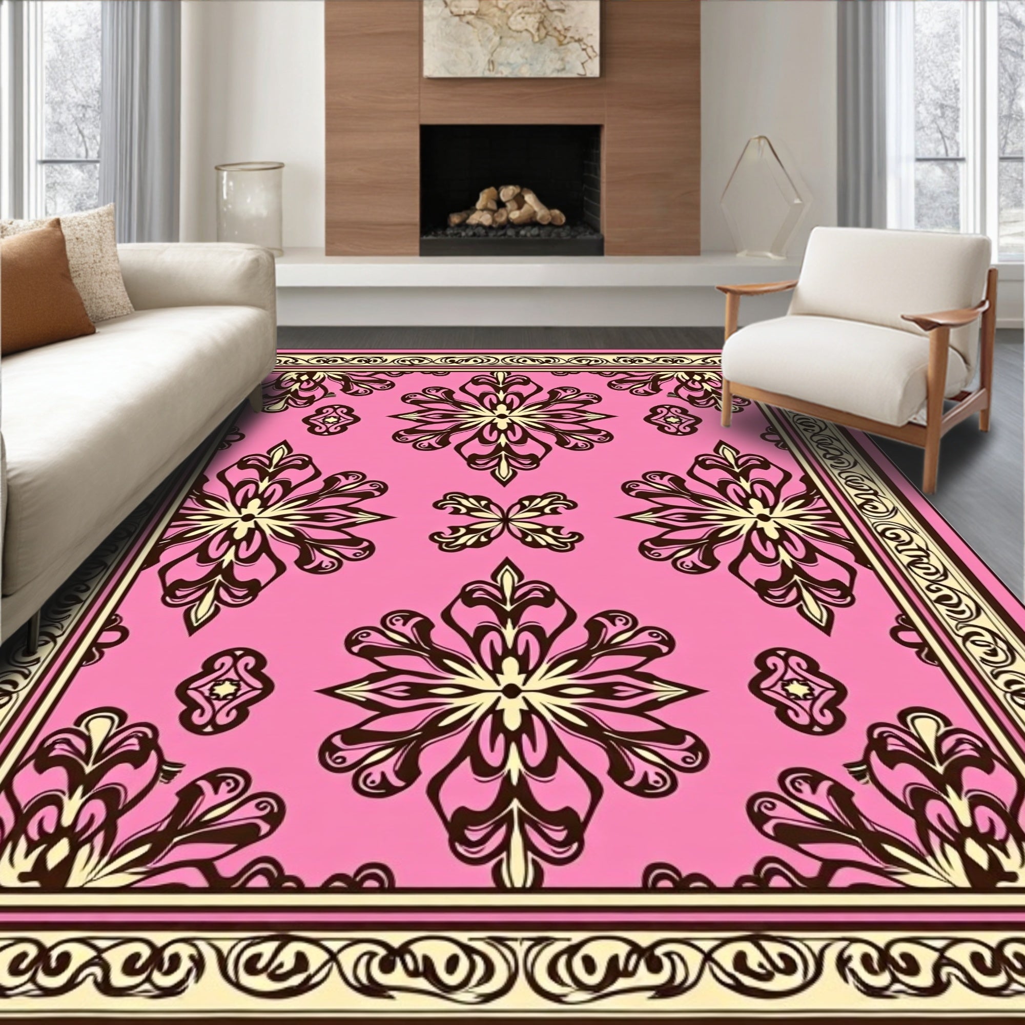 Pink Floral Medallion Scroll Border Rug