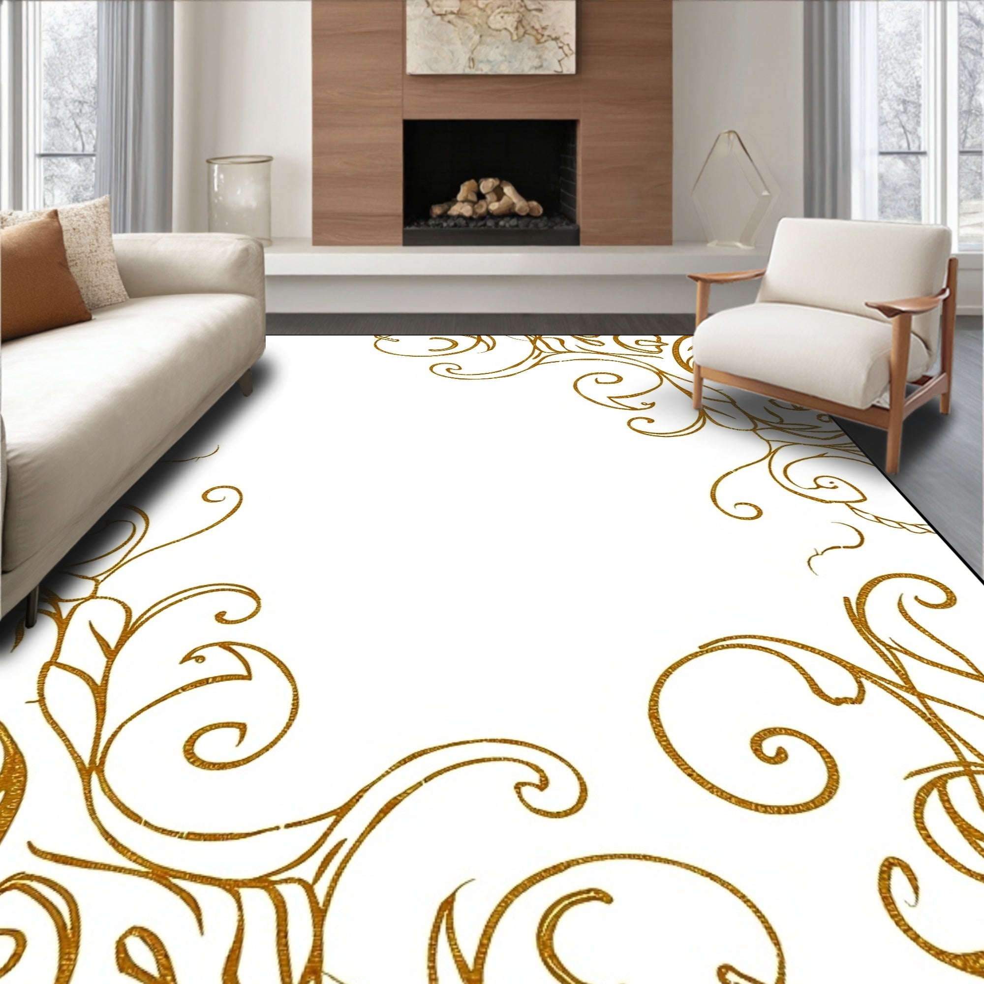 Gilded Gold Swirl Botanical Accents Rug