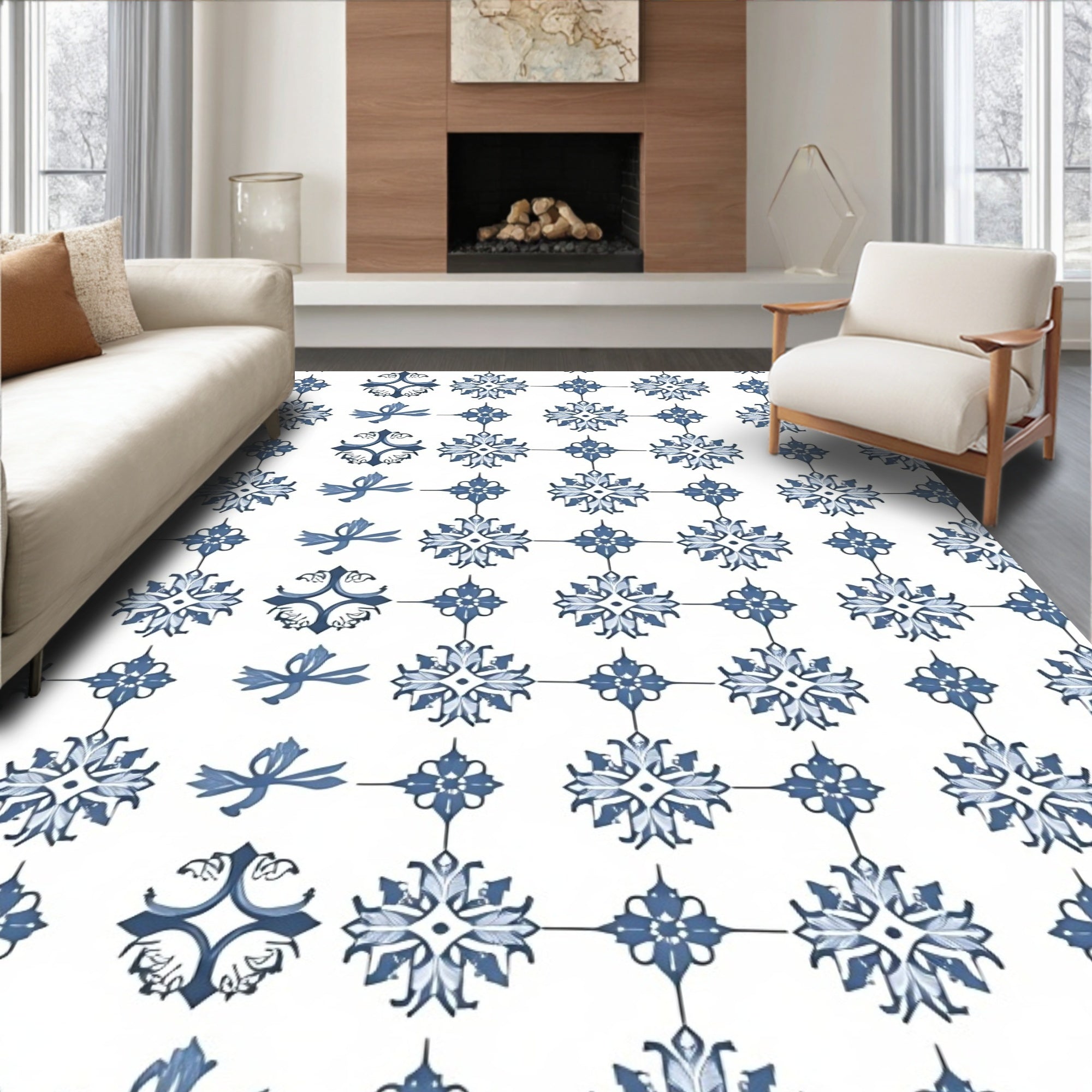 Blue Floral Medallion Tile Rug