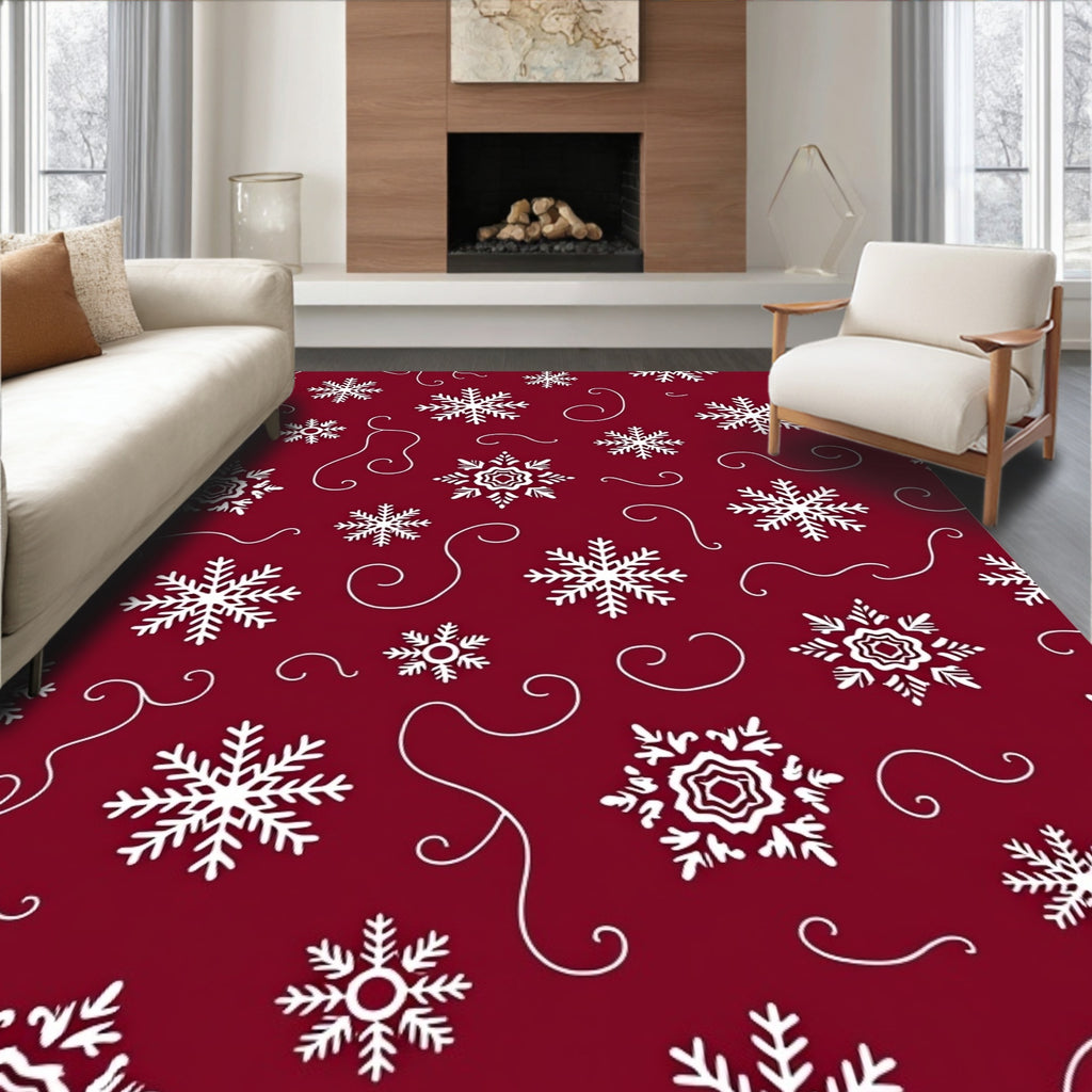 Crimson White Snowflake Swirl Rug