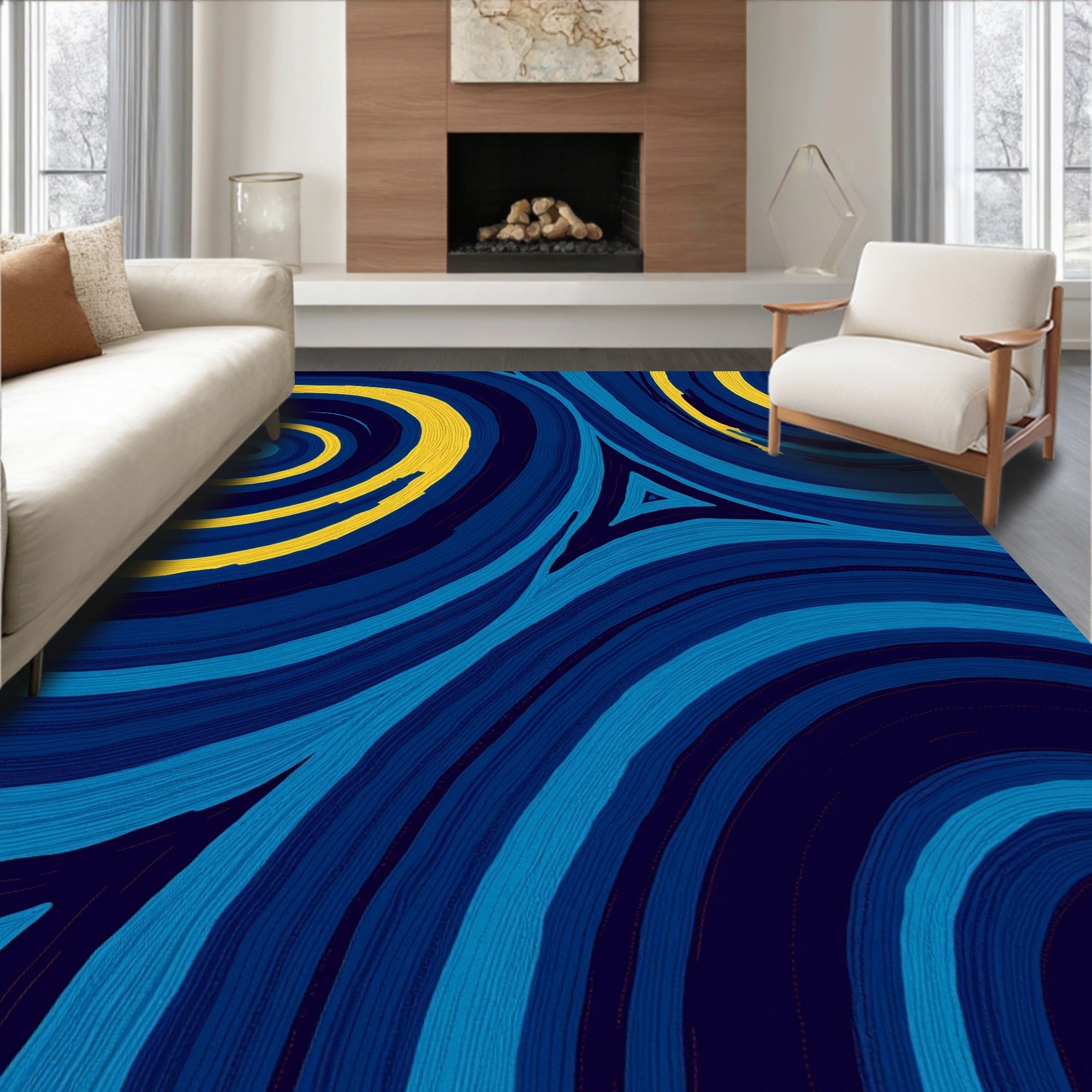 Bold Blue Yellow Swirl Rug
