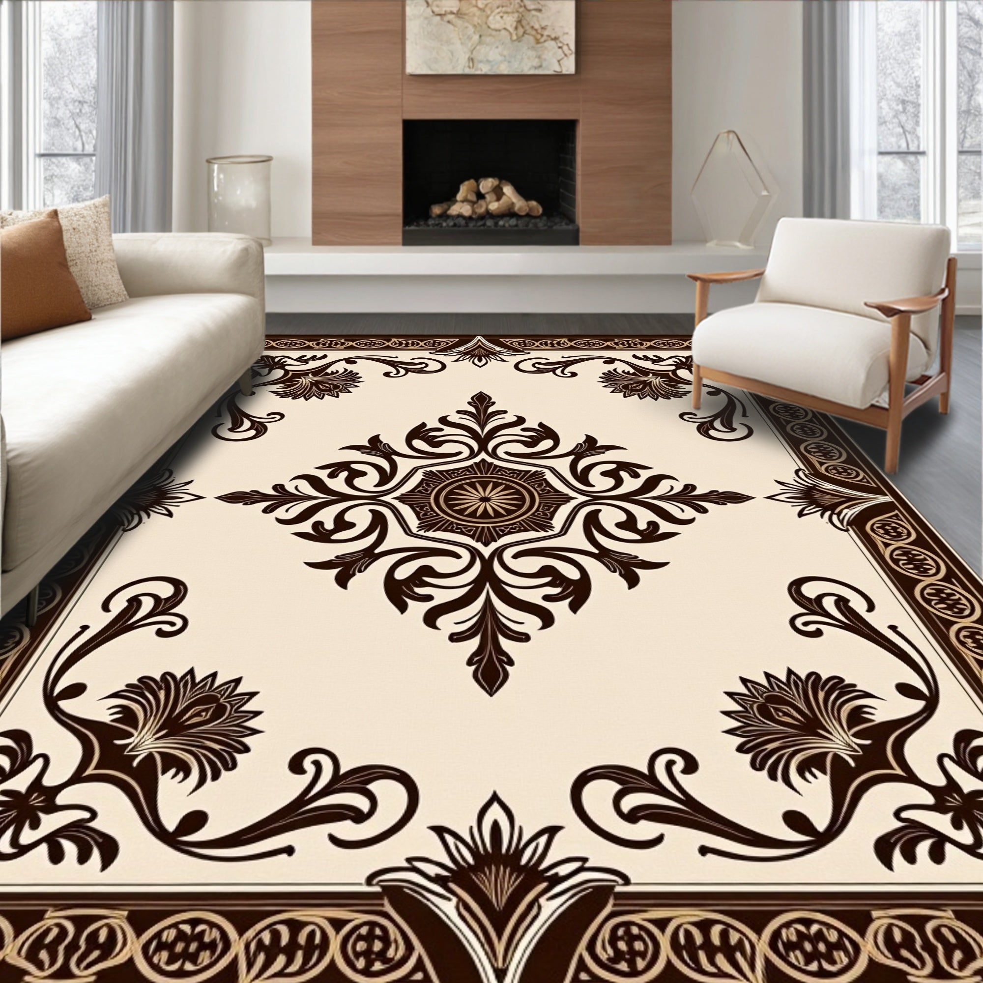 Elegant Brown Floral Medallion Border Rug