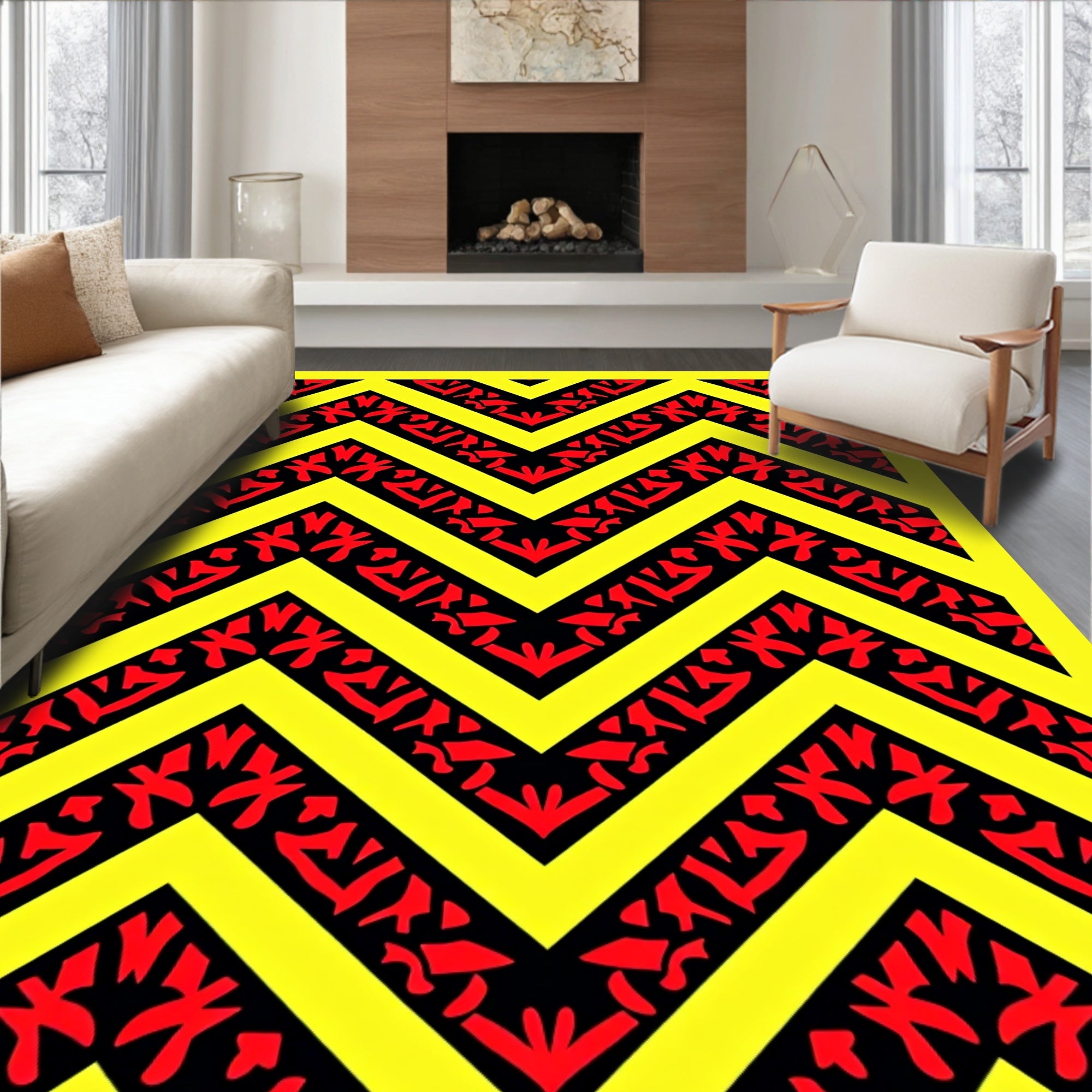 Bold Yellow Red Tribal Chevron Rug