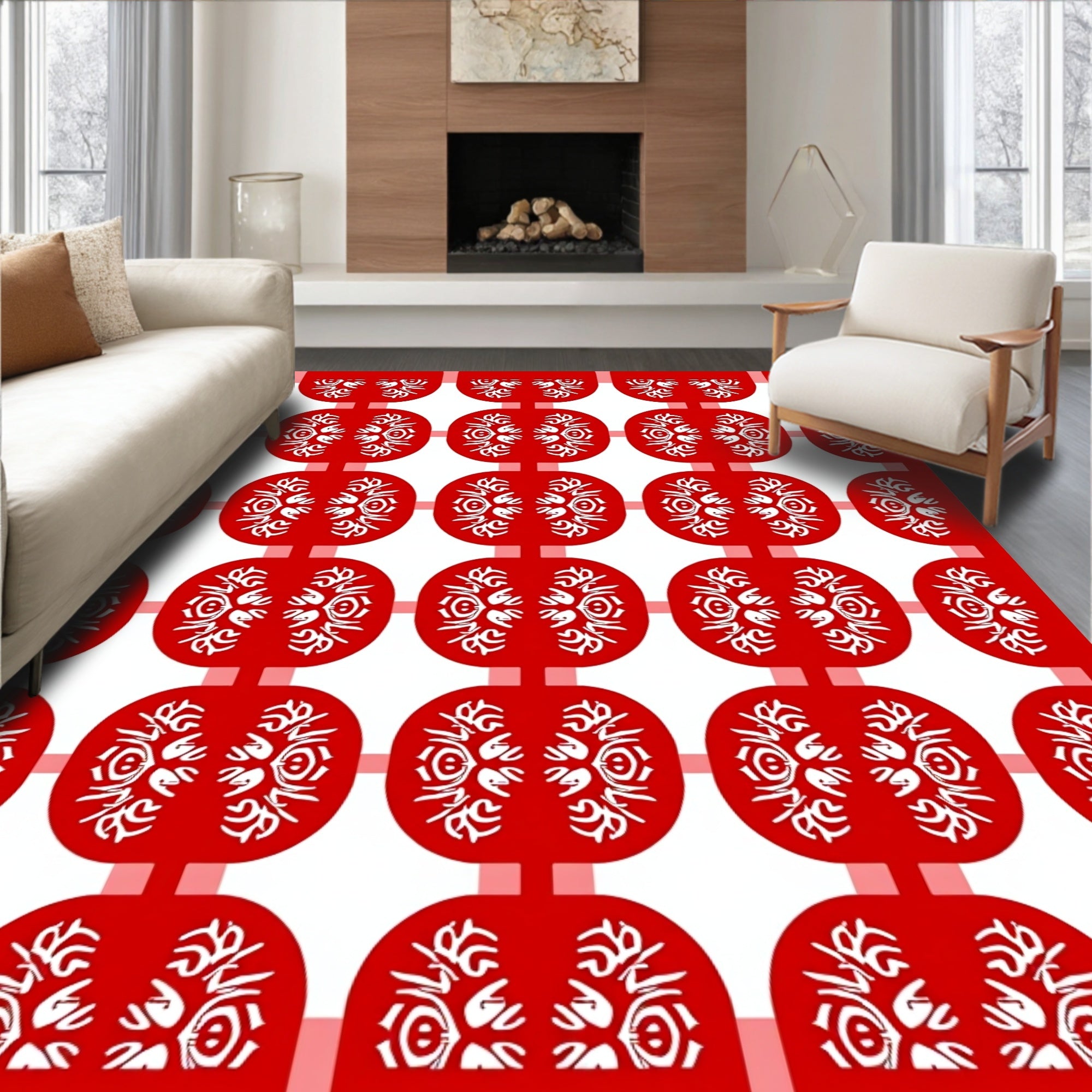 Bold Red White Symmetrical Oval Rug