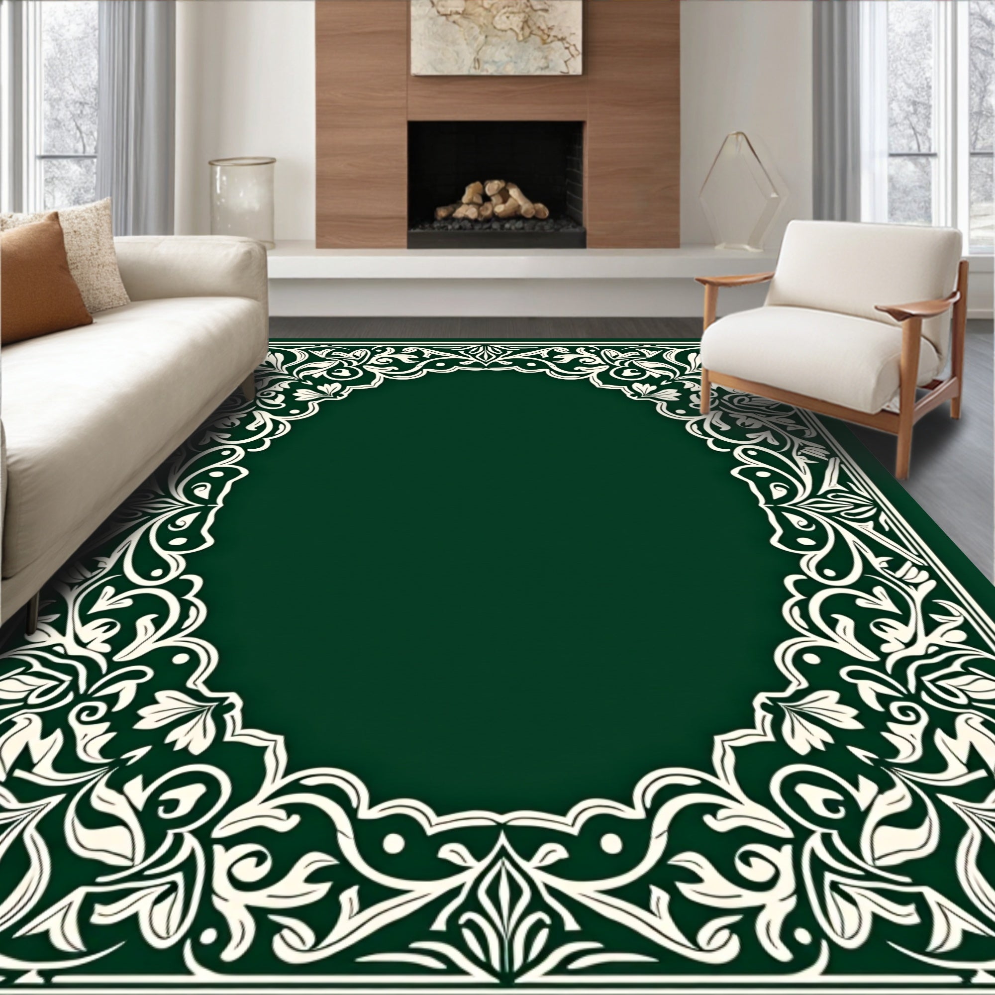 Emerald Green Ivory Floral Border Oval Rug