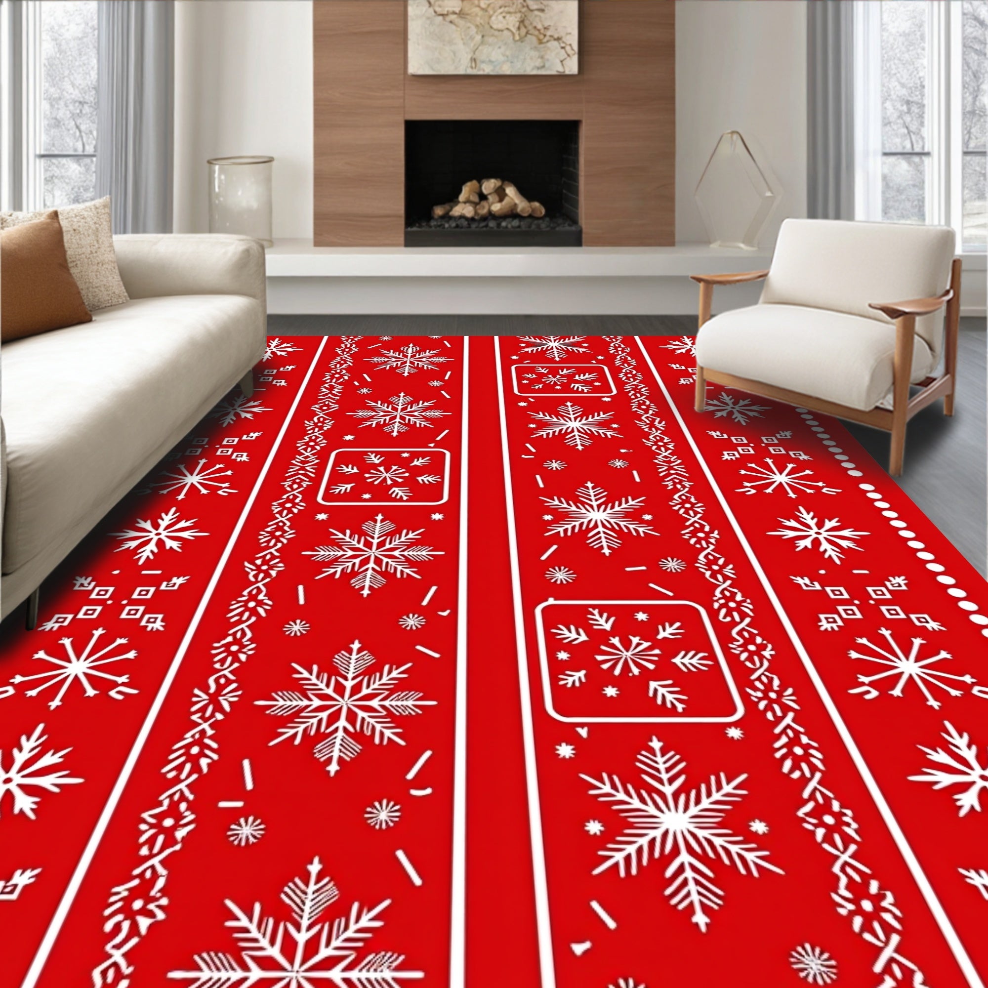 Festive Red White Snowflake Stripe Rug
