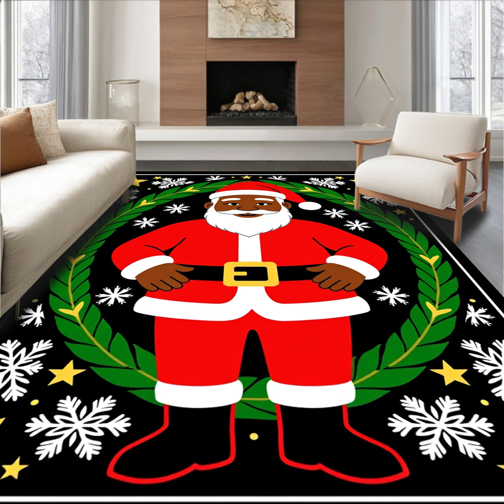 Christmas Santa Claus Black Festive Wreath Rug