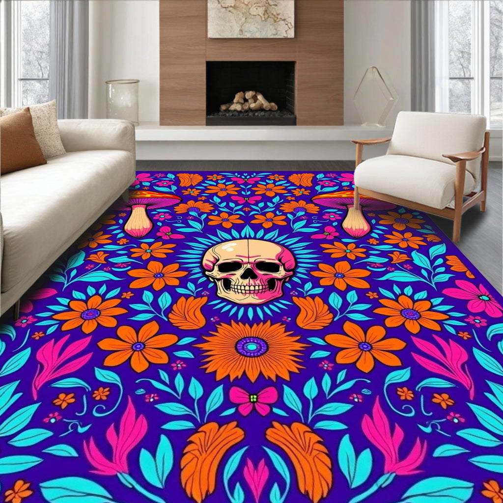 Psychedelic Skull Mushroom Floral Whimsy Rug