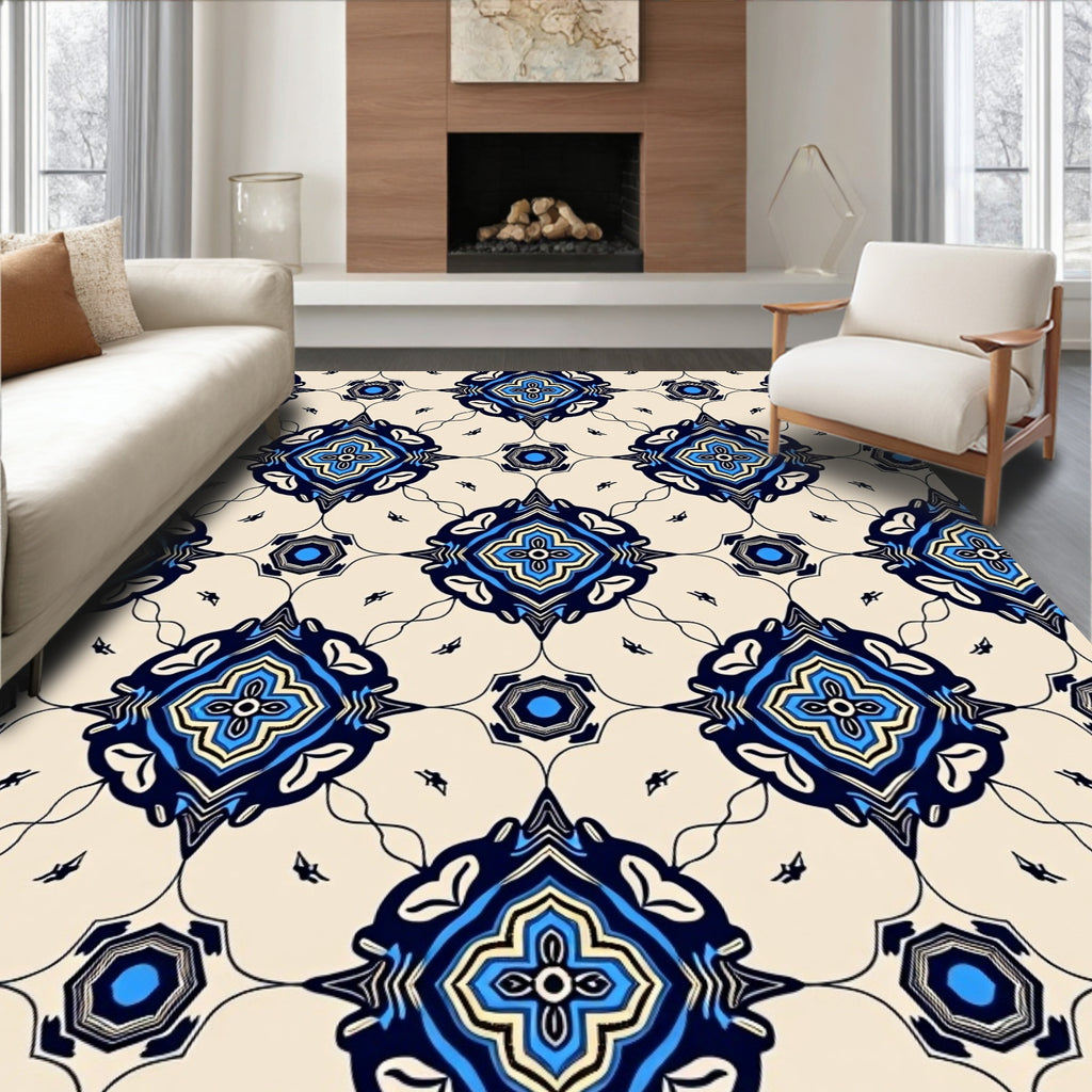 Navy Blue Yellow Quatrefoil Medallion Rug