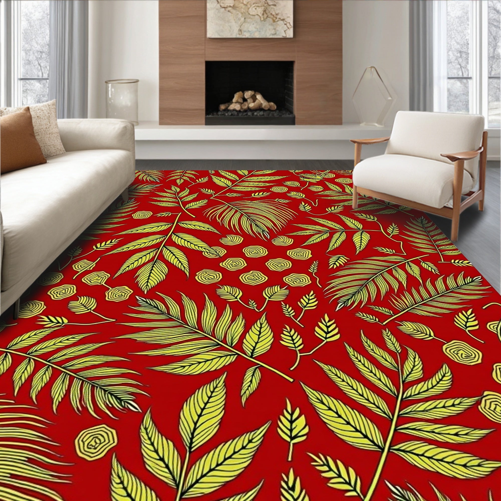 Vibrant Red Yellow Leafy Bloom Rug