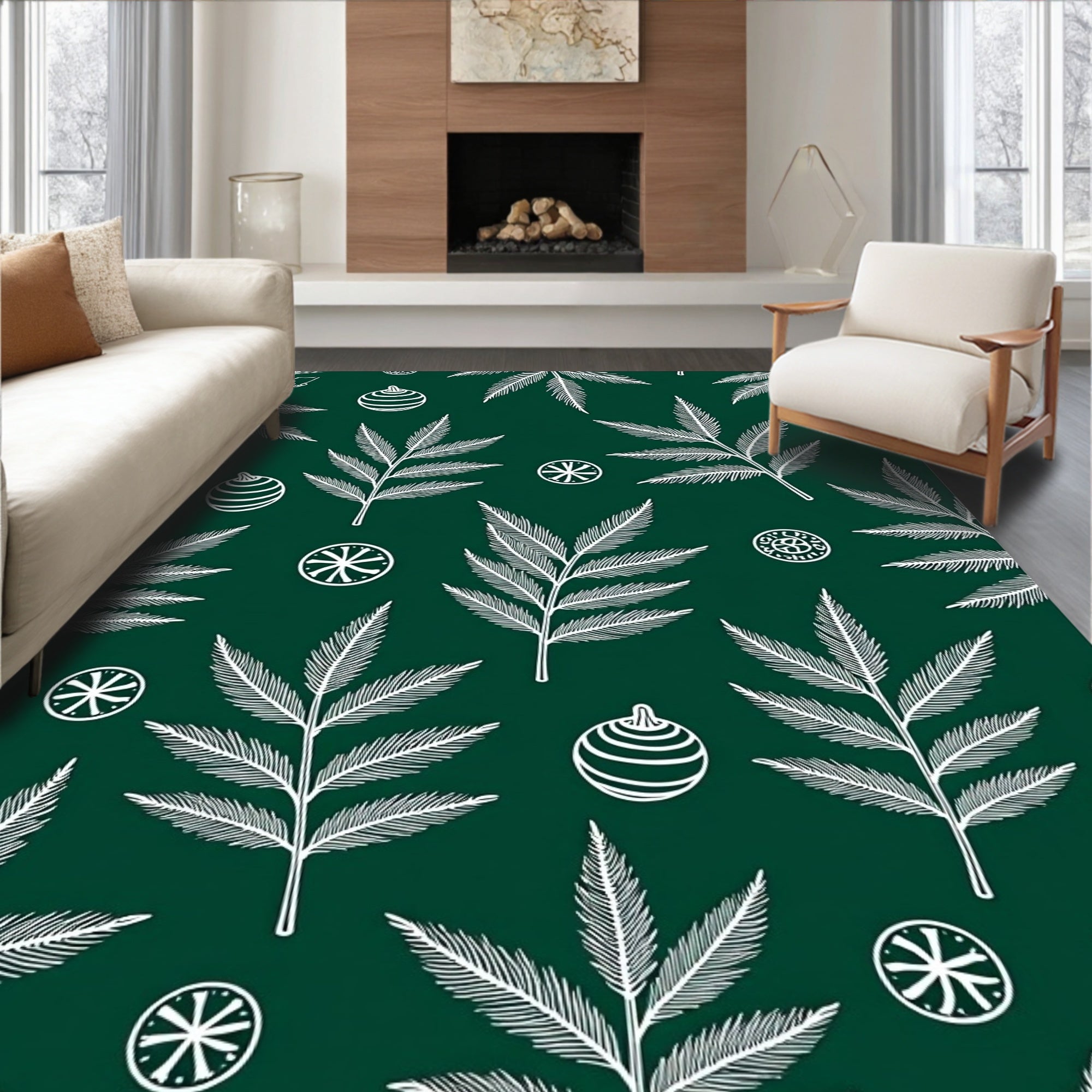Dark Green White Fern Ornament Repeat Rug
